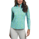 IBKUL Women's Josie Long Sleeve Zip Mock Neck Shirt - Turquoise/Lime